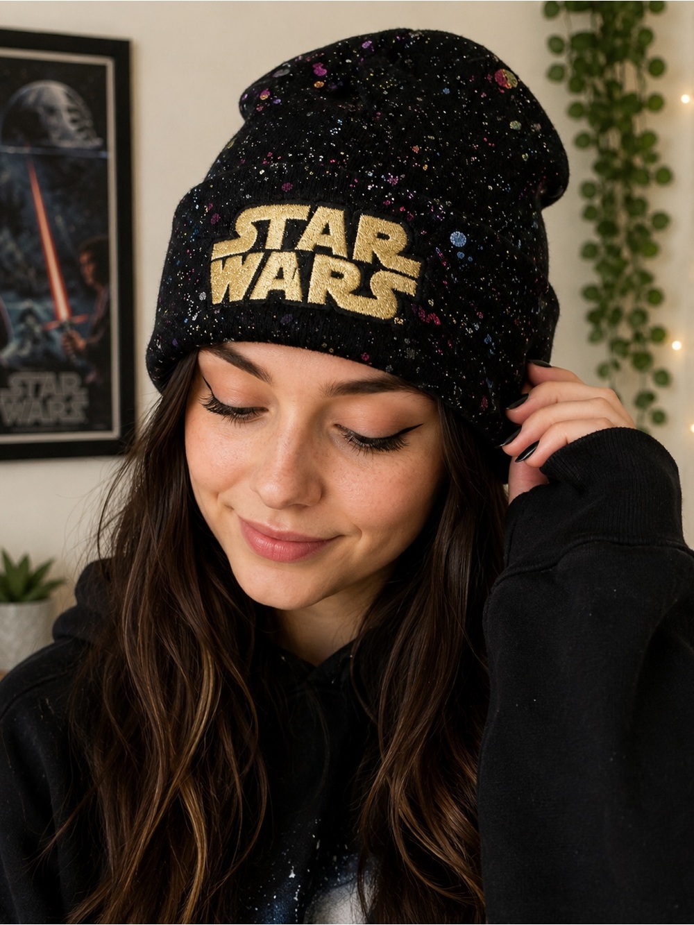 Star Wars Black Knit Beanie Galaxy Print Metallic Gold Logo Hat OS